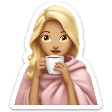 Blonde girl inside a light pink blancket sipping coffee eyes closed sticker