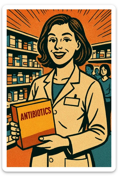 the full body of a A friendly modern day female pharmacist holding a large box of antibiotics in her hand. In the background are shelves of other medications in the pharmacy with patients waiting to be served sticker