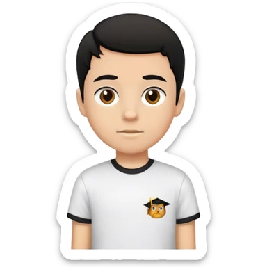 white boy, a little bit brown, black hair, wearing a school T-shirt sticker