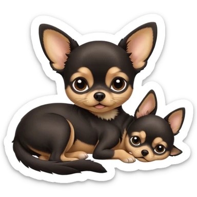 A high-resolution photo-realistic digital illustration of a cute black and tan chihuahua with big eyes shut sleeping lazily on the ground sticker