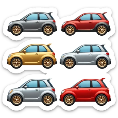 Emoji-style car membership badges: silver wheel, bronze exhaust, red rims, black spoiler, gold wheel — in progression." sticker