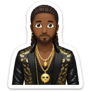 Omarion with long dark brown hair, black sequin jacket, shirtless with necklace sticker