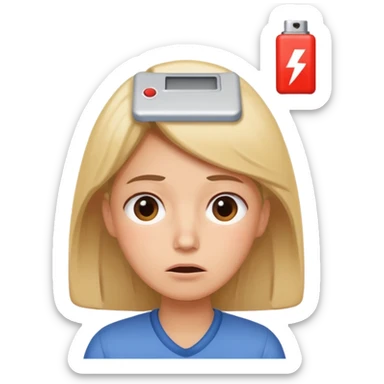 A kindergardenteacher with an empty battery icon above their head an exhausted and stressed face sticker
