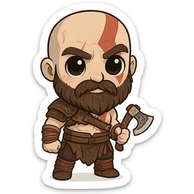chibi-style Kratos with a tiny axe and big eyes sticker