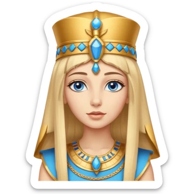 Cleopatra vestita da faraone con il cappello da faraone ma con gli occhi azzurri e i capelli lunghi biondi non troppo chiari con il cappello da faraone dorato senza frangia capelli medio lunghi   sticker