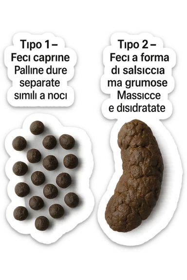 immagine di due tipi di feci iperrealistiche viste dall'alto con descrizione:
Tipo 1 – Feci caprine
Palline dure, separate, simili a noci

Tipo 2 – Feci a forma di salsiccia ma grumose
Massicce e disidratate.
 sticker