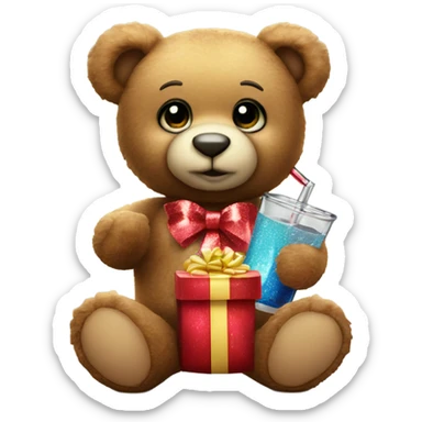 teddy bear holding sparkle gift and a shot glass sticker