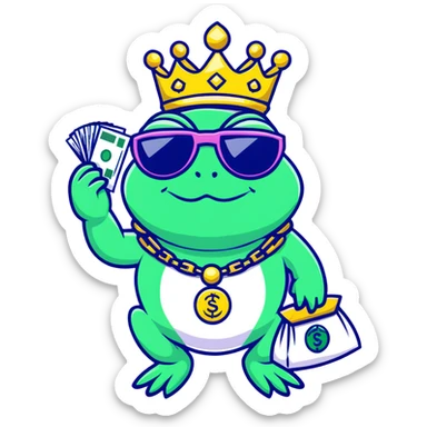 gangster frog king with gold crown, cool sunglasses, gold chain, money bag sticker