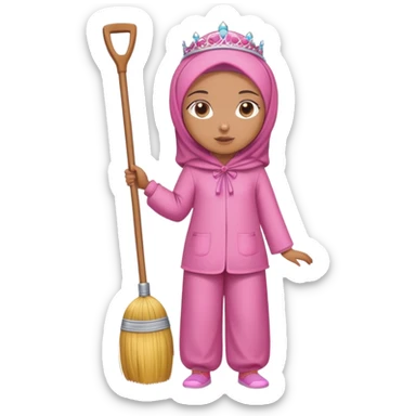 Full body girl caramel skin wearing pink hijab a pyjama set and a tiara on top of her head she is standing holding a broom sticker