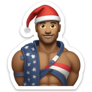 Create a full-body emoji of a muscular man, wearing a New Year's hat and holding a flag. sticker