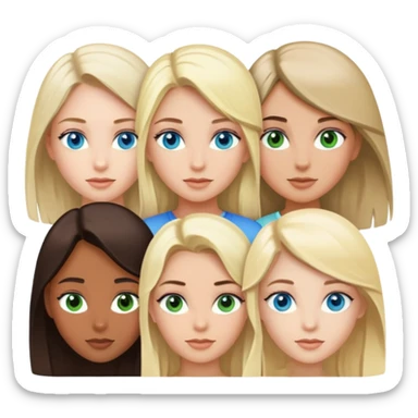 4 girls, one is blonde with blue eyes, 2 nd is brunette with green eyes, 3 is also brunette with blue eyes and 4 is blonde witch grey eyes  sticker