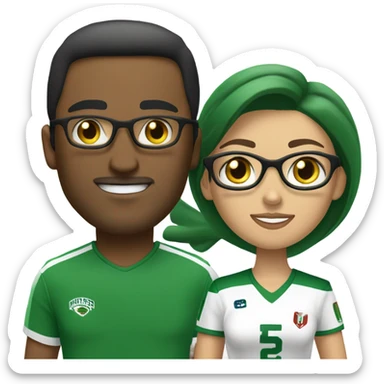 A couple, the man and woman are white, the woman is paler than the man.
The man has short black hair and is wearing a Turkey football shirt.
The woman is blonde with long hair and green eyes. She wears glasses and an Algerian football shirt. sticker