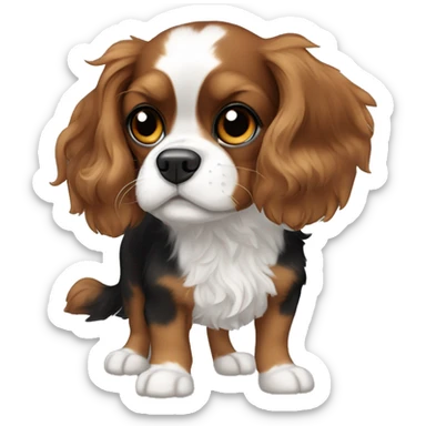A small Cavalier King Charles Spaniel mix with black, wavy fur, white markings on the chest and muzzle, expressive eyes, and a fluffy tail. sticker