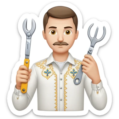 A Ukrainian man in a white embroidered shirt holds a spanner in one hand and scissors in the other sticker