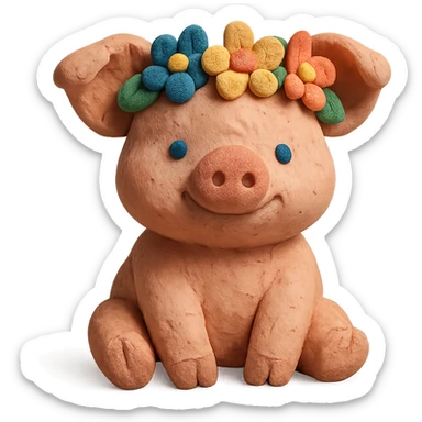 playful and cute piglet with a flower crown, textured look, claymation style sticker