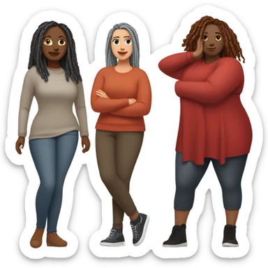 Curvy woman with gray locs wearing pants , other curvy woman is brown with red locs in a knee-length dress with a cozy sweater, shopping in yardsale sticker