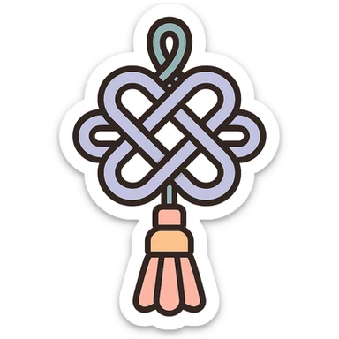 Chinese happiness knot with double loop, icon-color-outlined style, detailed shadows and highlights, thin clean outlines, soft rounded shapes, pastel palette #98B5BC, #B5B3C1, #C9A3C9, #E4C0CA, #F7DCD1, #F7C0AA, modern Japanese pop art and sticker aesthetic, high detail, vector sharpness, soft lighting, transparent background sticker