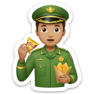 supermarket collegue wearing a green uniform and eating a packet of crisps sticker