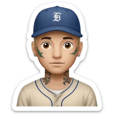 tattooed man with a baseball cap sticker