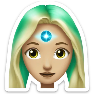 nordic pleiadian in green clothing with thin face long blonde hair and blue eyes third eye glowing sticker
