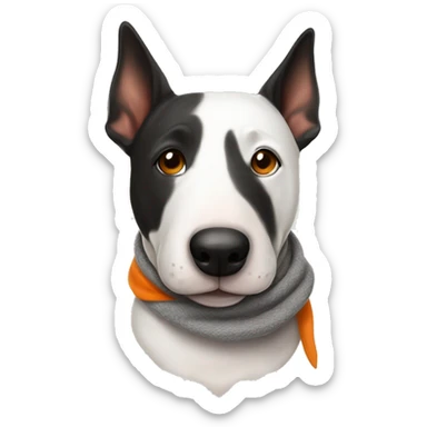 Bullterrier blanca de orejas largas con ojos negros usando una bufanda naranja. sticker