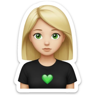 Girl with green eyes, blonde with straight hair to the chest in a black t-shirt sticker