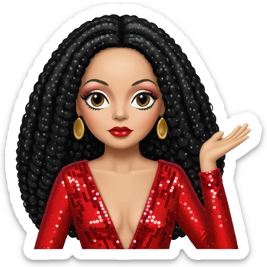 Diana Ross with long jet black hair, red sequin outfit  sticker