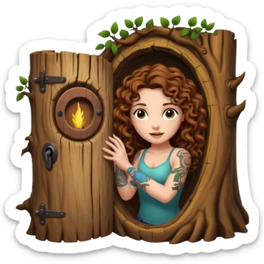 woman with long curly brown hair, brown eyes, white skin, tattoos, opening a tree trunk like a secret door portal sticker
