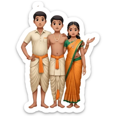 31 years young and small Brahmin boy with traditional formal cotton shirt and cotton lungi is pleasent peaceful thankful to 18 years young and fat and tall Brahmin girl with the complete decoration of bharatanatyam as godess lakshmi devi. sticker