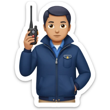 Security, Middle-aged, wearing navy blue jacket, serious facial expression, holding holding walkie-talkie, full body sticker