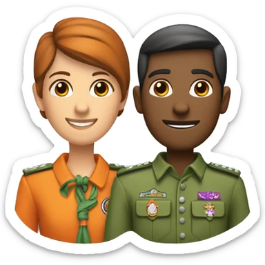 pareja de novios con pañuelo scout color naranja, verde y violeta sticker