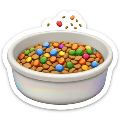 tiger  pet food bowl with, the food is piled on top of the bowl where it is so full. Make the kibble in the food bowl white with rainbow pieces sticker