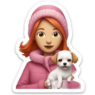 Woman with red hair wearing pink winter clothes holding a small white fluffy dog sticker