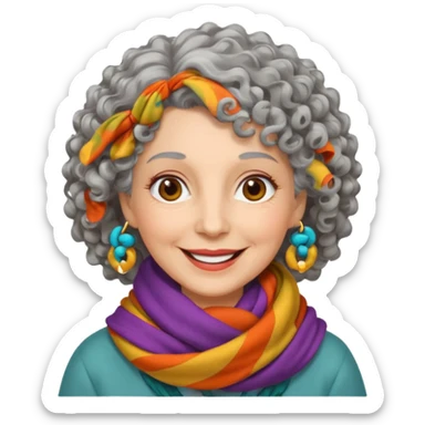 emoji of a lady in her 70s, curly gray hair, wearing a colorful scarf, smiling sticker