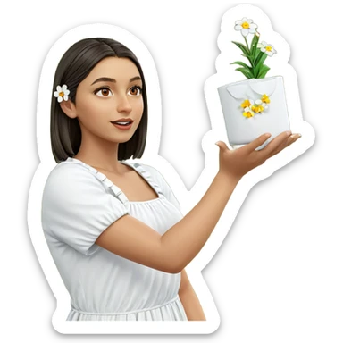 girl in white dress with flower sticker