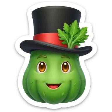 green vegetable with a top hat sticker