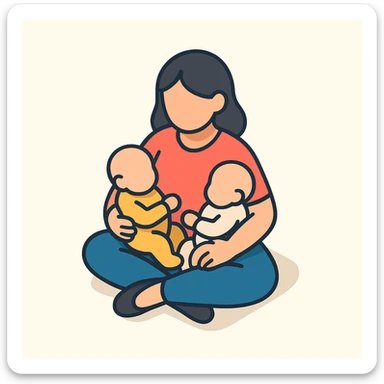 a mother sitting cross-legged with two babies on her lap, gentle and caring, 2D isometric illustration style sticker