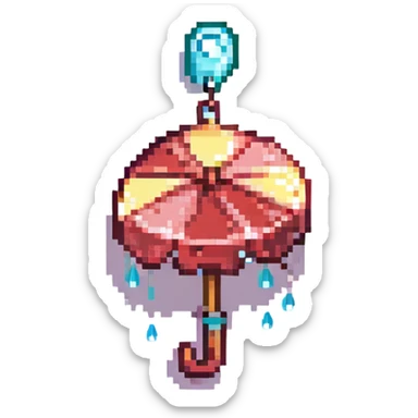 Add accessories including a bow, charm, and raindrop keychain to the burgundy umbrella with raindrops. Keep the pixel art style and no background. sticker