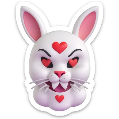 an evil white rabbit with a skull mask on his head, left eye has an x-shaped plaster, right ear is slightly smaller with a small corner cut, big rounded heart-shaped nose, happy expression sticker