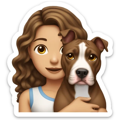 Girl with long wavy brunette hair with a pit bull in her arms sticker
