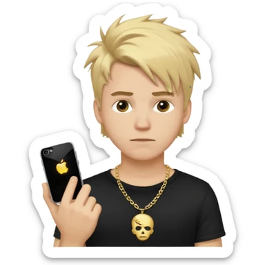 make a iphone emoji who is a white man that looks young with messy blonde medium hair with a black punk shirt and a golden neckless sticker