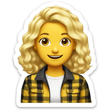 Teen girl with blonde hair pass shoulders a very 90s sense of fashion with a big smile, ditzy, and wearing yellow and black plaid sticker