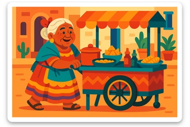 old Mexican lady pushing a food cart, warm and friendly, traditional dress, vibrant colors, street vendor, detailed, no text, vibrant toon cartoon style sticker