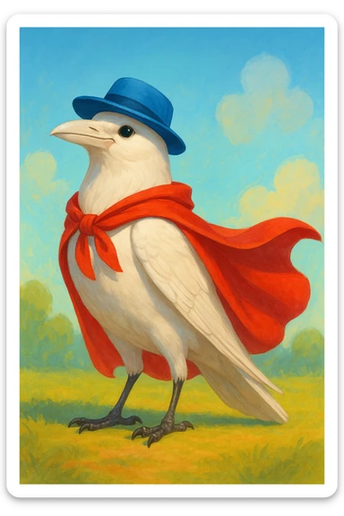 a white crow with a blue hat and a red cape sticker