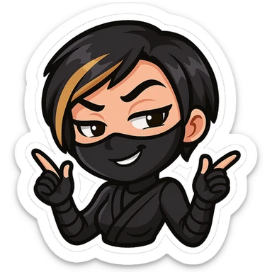 Sexy chibi ninja girl with black short hair and a blonde streak, only head and arms, colorful chibi style with bold outlines, transparent background, no mask, smug expression with a sly grin and one eyebrow raised, sized for Twitch emoji use. sticker