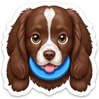 Chocolate brown cocker spaniel with blue frisbee in mouth sticker