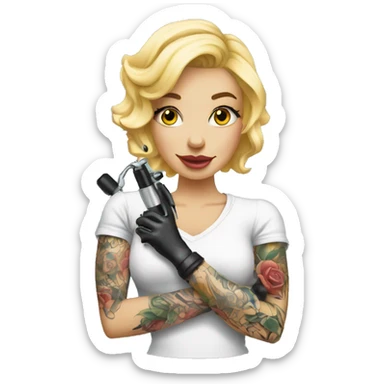 blonde tattoo artist with tattoo holding tattoo machine sticker