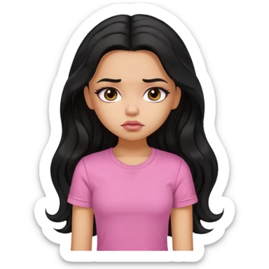 a pretty bratz girl with long wavy black hair, wearing a pink tshirt. looking sad sticker