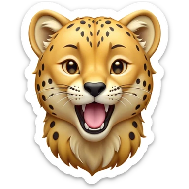 Cinematic Cute Yawning Cheetah Portrait Emoji, Head tilted slightly with a dramatic, wide-open yawn, showcasing a soft, sleek golden Fur with distinctive spots and floppy ears slightly drooping, round amber eyes barely open in drowsy contentment, Simplified yet irresistibly adorable features, highly detailed, glowing with a soft, cozy glow, high shine, relaxed yet expressive, stylized with a touch of savannah whimsy, bright and endearing, soft glowing outline, capturing the essence of a sleepy yet affectionate cheetah, so drowsy it feels like it could stretch right out of the screen and curl up for a nap! sticker