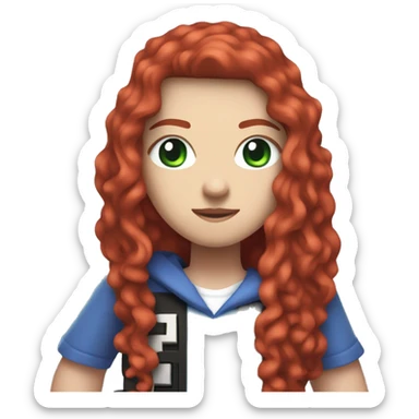 a white girl with long red curly hair, wearing periwinkle Minecraft hoodie holding a controller sticker